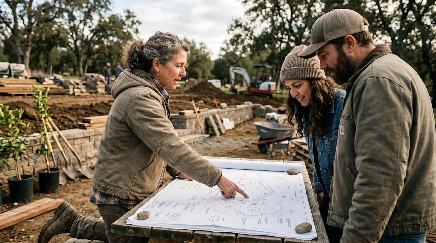 Un paysagiste professionnel montrant un plan à un couple debout autour d'une table de jardin dans un terrain en chantier.