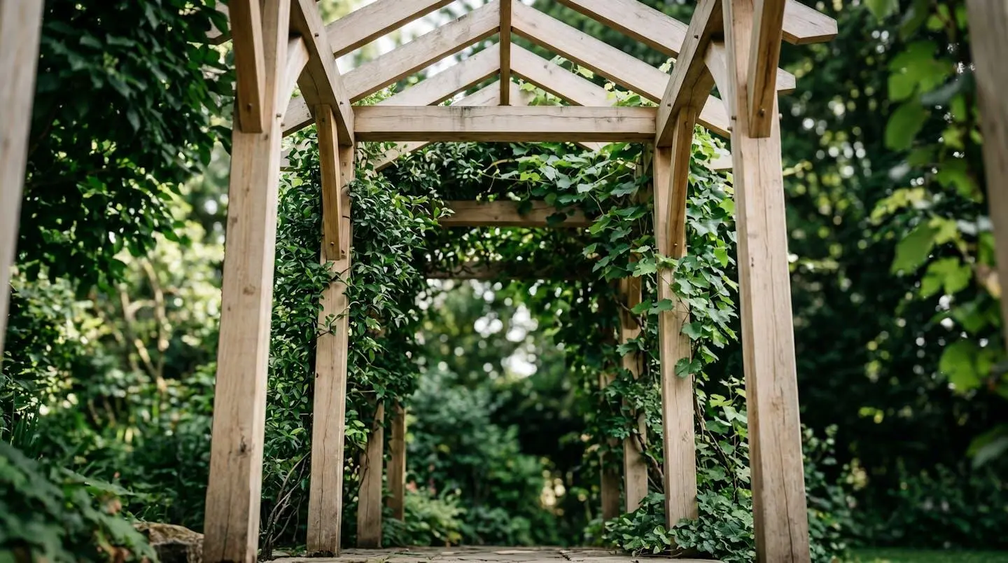 Pergola en bois ornée de plantes grimpantes, structure et végétalisation réunies