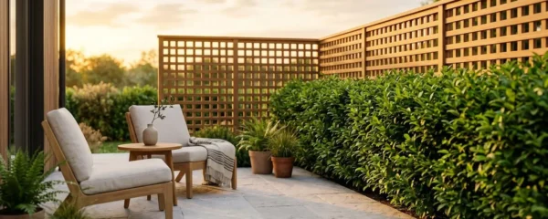 Terrasse bordée d'une haie protectrice et d'une clôture design en bois, baignée de lumière chaleureuse