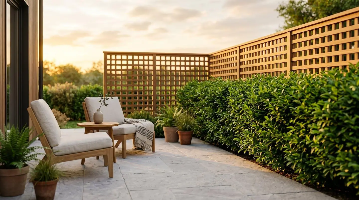 Terrasse bordée d'une haie protectrice et d'une clôture design en bois, baignée de lumière chaleureuse