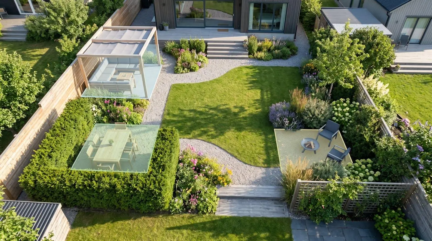 Vue aérienne d'un jardin montrant les différentes zones d'intimité créées par des solutions complémentaires